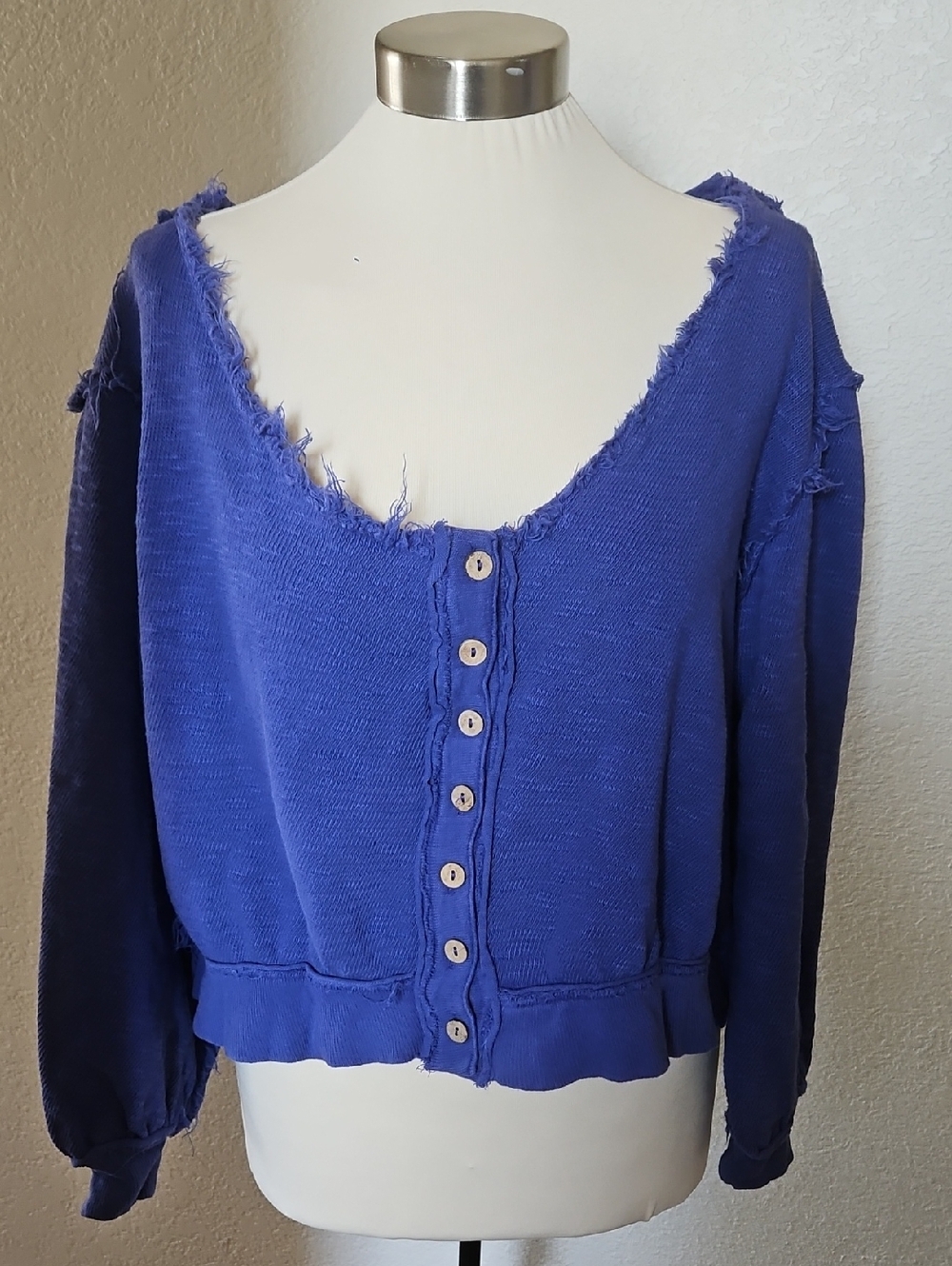 Free People Cobalt Blue Raw-Edge Button-Front Cropped Sweatshirt